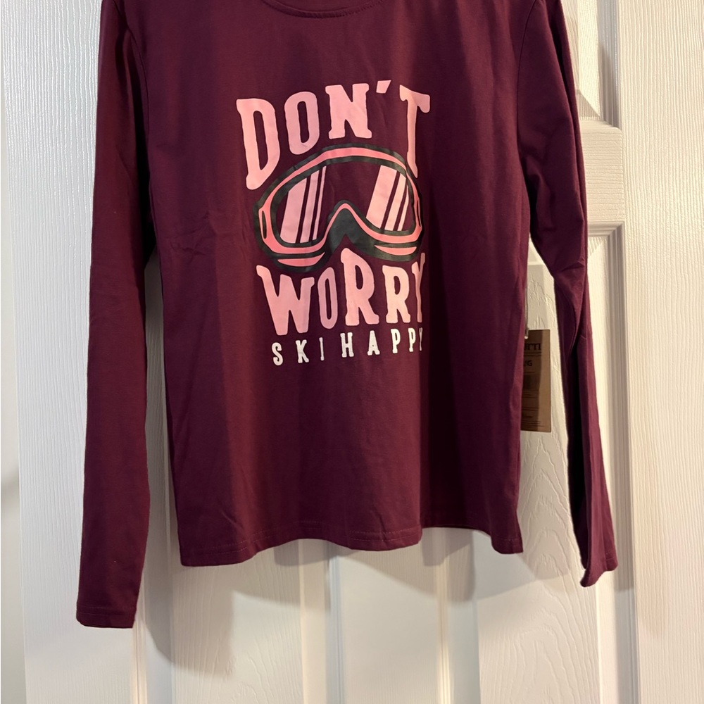 NWT Born Deep Plum Long Sleeve Tee with Tag. Don’t worry ski happy graphic - Picture 2 of 7